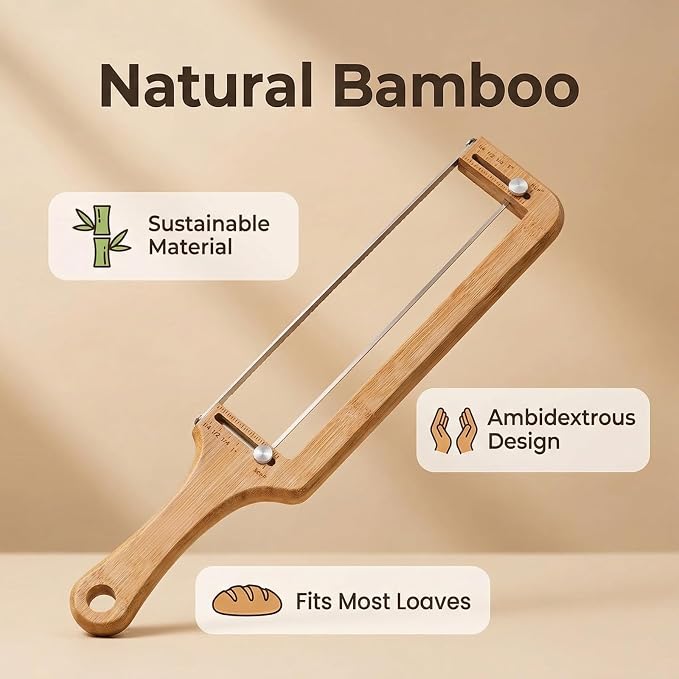 Adjustable Bread Slicer & Knife Set: Stainless Steel Blade with Wooden Handle, Even Slices for Homemade Sourdough and Crusty Breads in Home Kitchens for Baking Enthusiasts