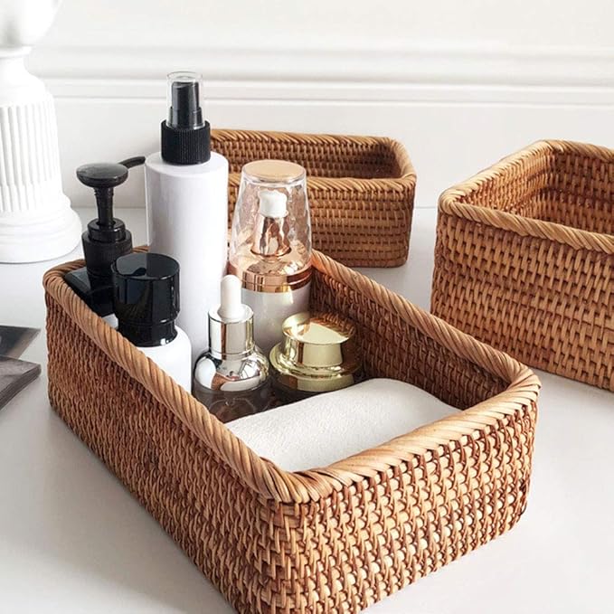 TITA-DONG Rattan Storage Baskets Rectangle Woven Bread Basket Rectangular Wicker Serving Organizer Tray Rattan Fruit Basket, Stackable Wicker Organizer for Kitchen Countertop Bathroom Living Room(S)