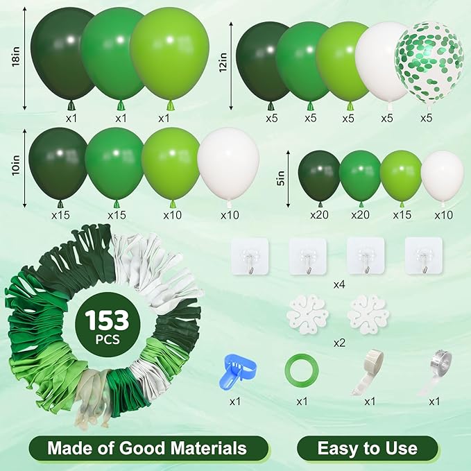 Amandir 153pcs Green Balloon Arch Garland Kit, Different Sizes 18 12 10 5inch Dark Emerald Light Lime Green Latex Confetti St Patricks Day Balloons Safari Jungle Birthday Graduation Party Decorations