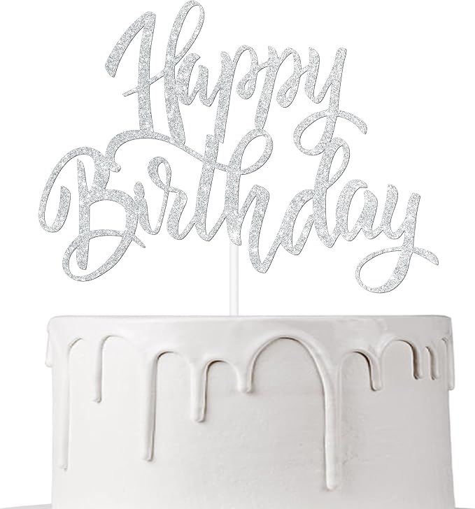Happy Birthday Cake Decorations, Gold Double-Sided Glitter Letters, Birthday Party Supplies, Cake Topper Decorations (Silver)