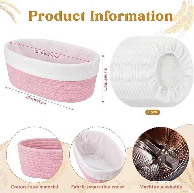 4 Pcs 10 Inch Bread Proofing Basket Set Cotton Rope Oval Banneton Basket Sourdough Bread with Liners Covers for Baking Supplies (Pink)