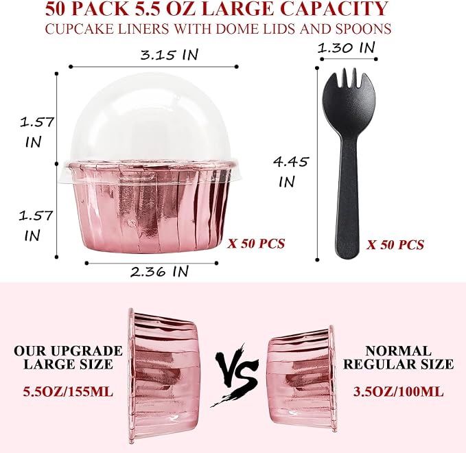 5oz Foil Muffin Cups Muffin Tins 50 Pack,LNYZQUS Jumbo Cupcake Liners with Lids,Disposable Ramekins Pans Cupcake Baking Cups Wrappers for Wedding Bakery-Rose Gold