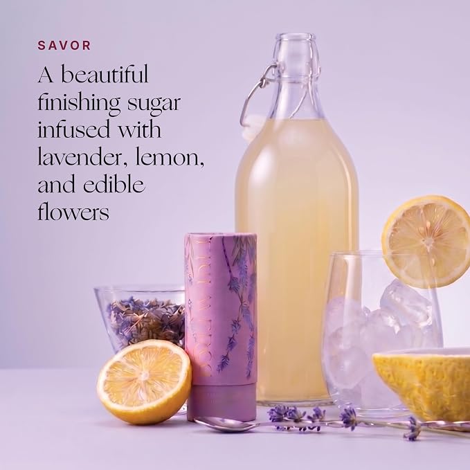 Flouwer Co Finishing Sugar with Edible Flowers, Artisinal, Handmade, Garnishing Topper with Dried Flowers, Decorative, Finished Sugar Lavender, 3 oz