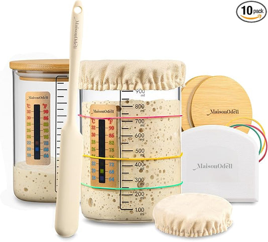 Sourdough Starter Kit – 2 Fermentation Glass Jars with Lids, Linen Covers, Spatula and Thermometer