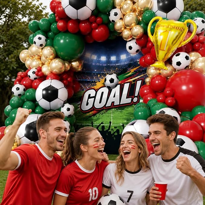 Soccer Party Decorations 160Pcs, World Soccer Balloon Garland Arch Kit with 18'' Football Foil Balloons, Green and Red Football Print Balloons for Boys Sports Fan Birthday Soccer Party Decor