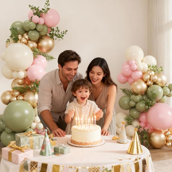Sage Green Pink Gold Balloon Arch Kit, 128Pcs Sage Green Pastel Pink Light Pink Gold Sand White Balloons for Boho Baby Shower Wedding Bridal Shower Gender Reveal Birthday Party Decorations