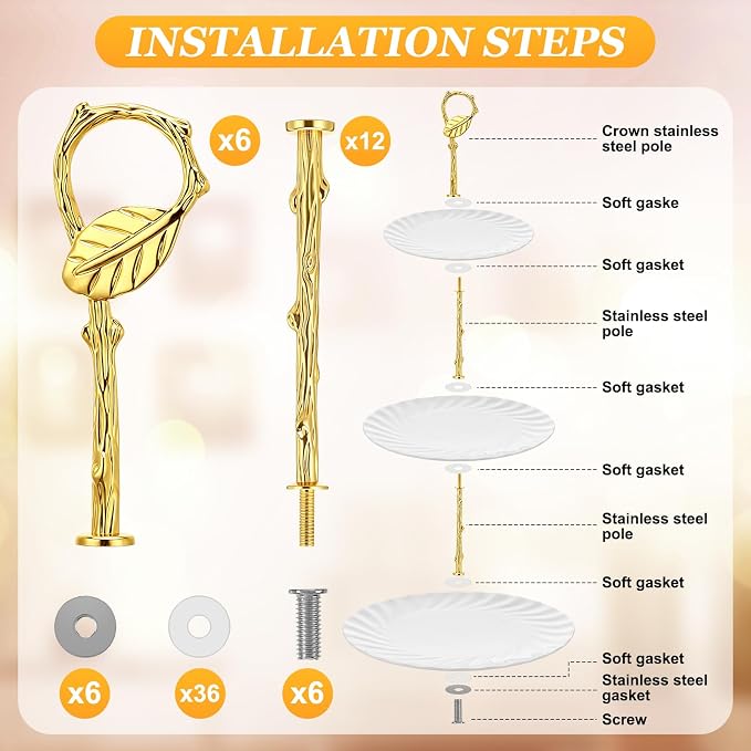 Patelai 6 Sets 3 Tier Cake Stand Hardware Tiered Tray Plate Hardware Kit Heavy Metal Cake Fruit Food Plate Stand Fitting Stacking Kit for Serving Dessert Cupcake Dish (Leaf,Gold)
