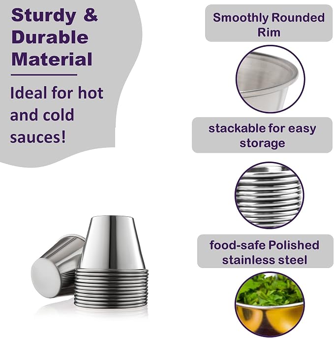 Nechtik Small Sauce Cups, Stainless Steel Ramekin Dipping Sauce Cup, Commercial Grade Individual Round Condiment cups (12 of 2.5 oz.)