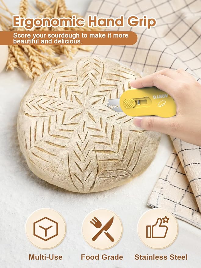 Bread Lame Dough Scoring Tool, Extractable & Magnetic Sourdough Scoring Tool for Sourdough Bread Baking, Bread Making, Bread Scoring Tool with 5 Razor Blades, Scoring Patterns booklet, Yellow