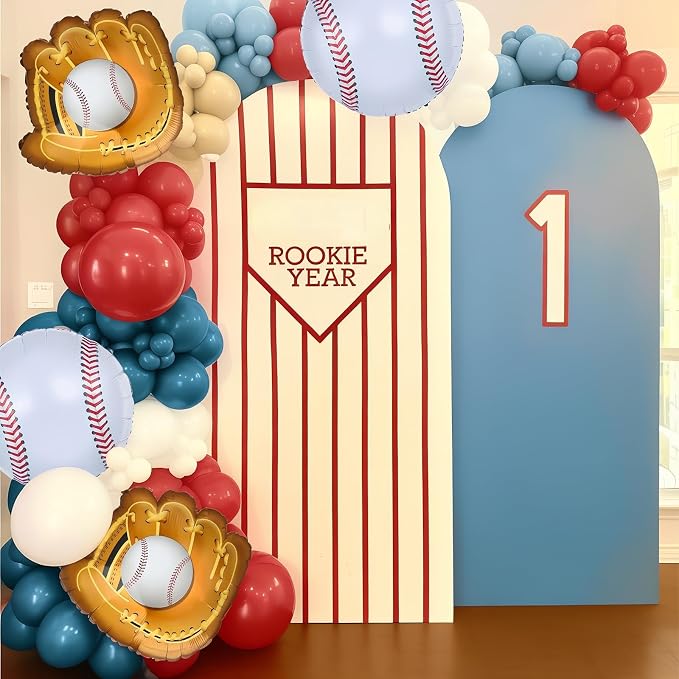 Baseball Balloon Arch Kit, 4th of July Balloon Arch Red Dusty Slate Blue Ivory Nude Balloons Garland With Baseball Foil Balloons for Men Boys Baseball Birthday Party Decorations Sport Patriotic Party