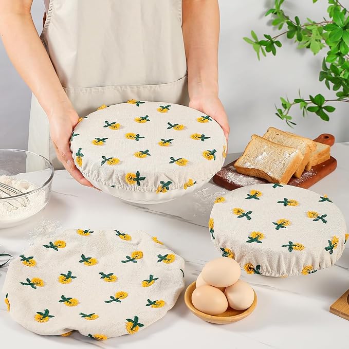 Reusable Bowl Covers for Bread Proofing Baking Embroidered Daisy Linen Cotton Cloth Fabric Washable with Elastic Cover for Food Fruit Salad Eco-friendly (Beige Daisy)