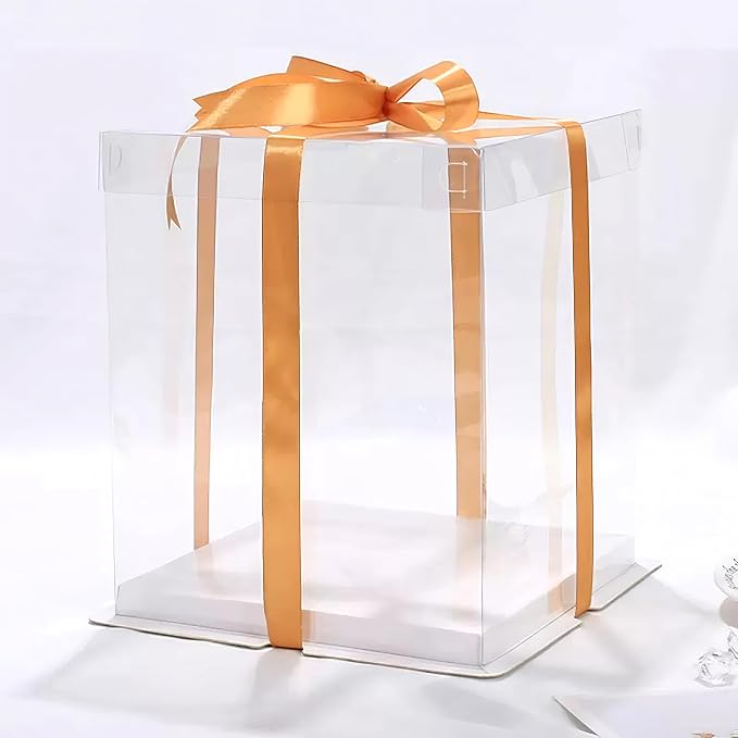 5-Pack 8-Inch Clear Square PET Cake Box (20.4 x 20.4 x 24 cm) with Ribbon Elegant Gift Packaging for Birthday Cupcakes, Macarons & Desserts – Reusable Display Case with White Base
