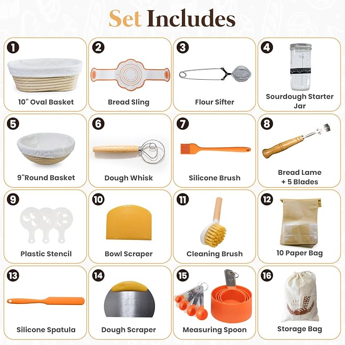 Sourdough Starter Kit with Round & Oval Banneton Bread Proofing Basket, Complete Sourdough bread baking supplies with Sling, Starter Jar, Dough Whisk, Scrapers, Stencils & Bags for Bakers Women Wife