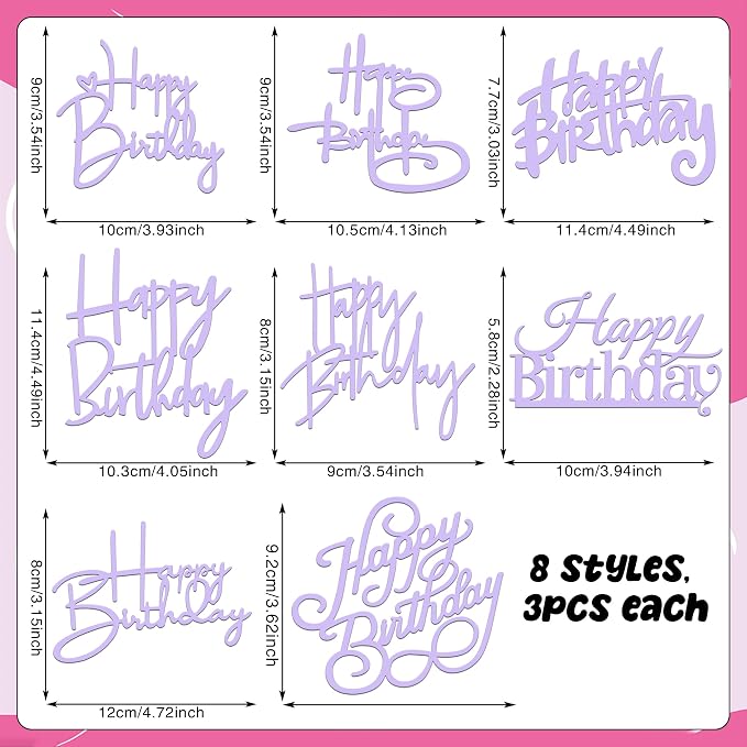 24 PCS Purple Happy Birthday Cake Toppers Cupcake Toppers | Purple Cake Topper Acrylic Side Cake Decorations for Women Girls Princess Multi Sized Party Birthday Anniversary 8 Styles