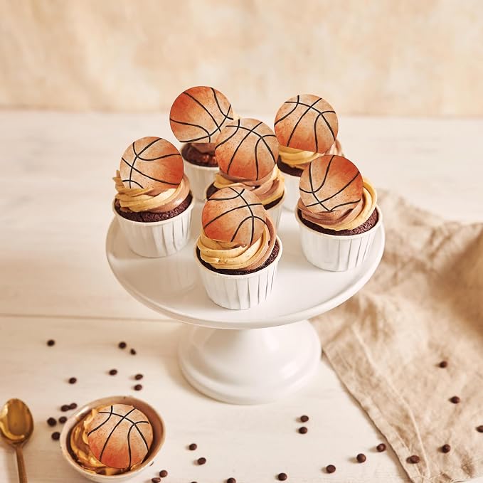 48PCS Edible Basketball Cupcake Toppers Edible Basketball Cake Decorations Sport Ball Theme Cupcake Picks for Sports Ball Theme Baby Shower Birthday Party Cake Decorations Supplies