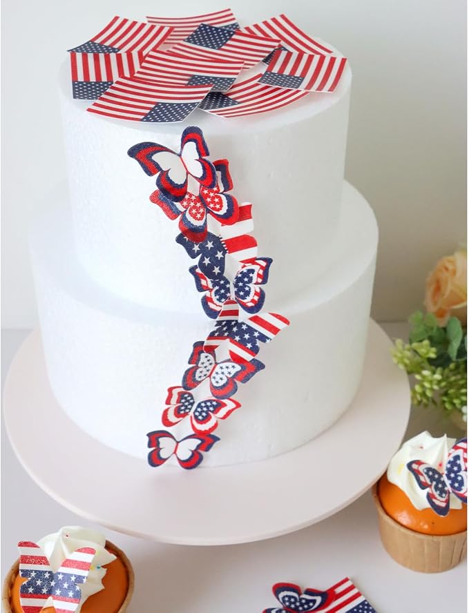 50PCS Edible American Flag Cake Decorations Patriotic Wafer Cupcakes Toppers for 4th of July, Independence Day Parties & Birthday Celebrations (50, American Flag & Butterfly)
