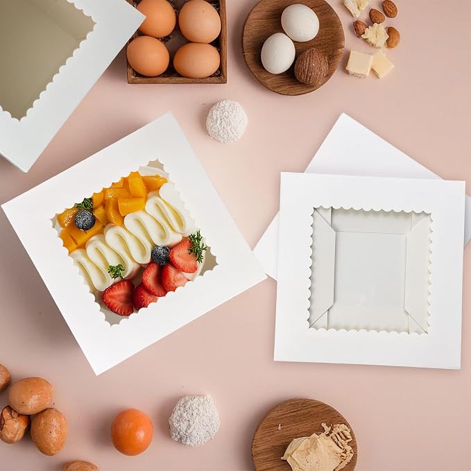 KEEPARTY 15 PCS Cake Boxes with Window 8x8x8 Inches White Bakery Boxes Square Containers for Cake Cupcakes Pastry