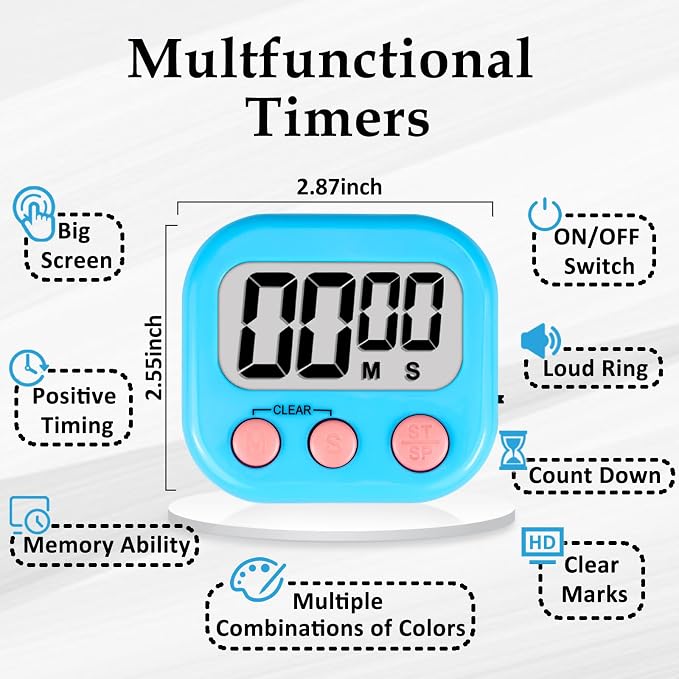 ZILLEEN 12 Pack Kitchen Timers for Cooking Digital Classroom Timers for Kids Teachers Blue Green Pink