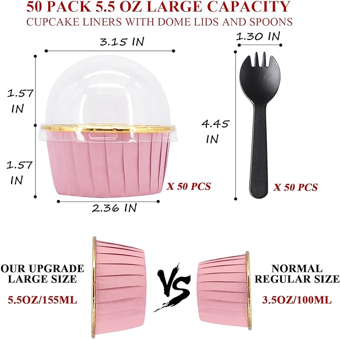 Cupcake Liners with Lids 50 Pack,LNYZQUS 5oz Large Foil Cupcake Cups Muffin Tins,Disposable Baking Cups Muffin Liners Wrappers Holders for Wedding Valentine-Pink in gold
