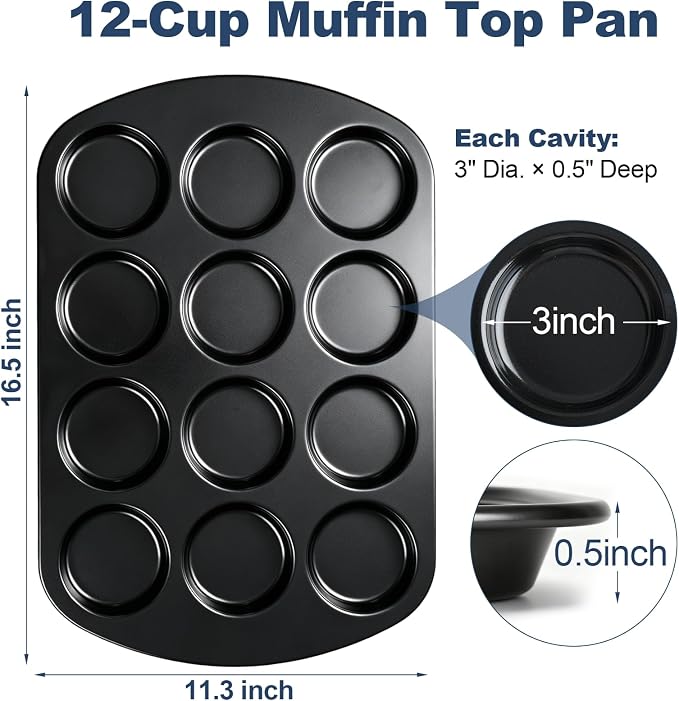 UWILLION Muffin Top Pan, 12 Cavity Nonstick Shallow Cupcake Pan, 3 Inch Carbon Steel Baking Tray, Oven Safe up to 450°F, for Muffin Tops, Eggs, Cornbread, Cookies, Whoopie Pies