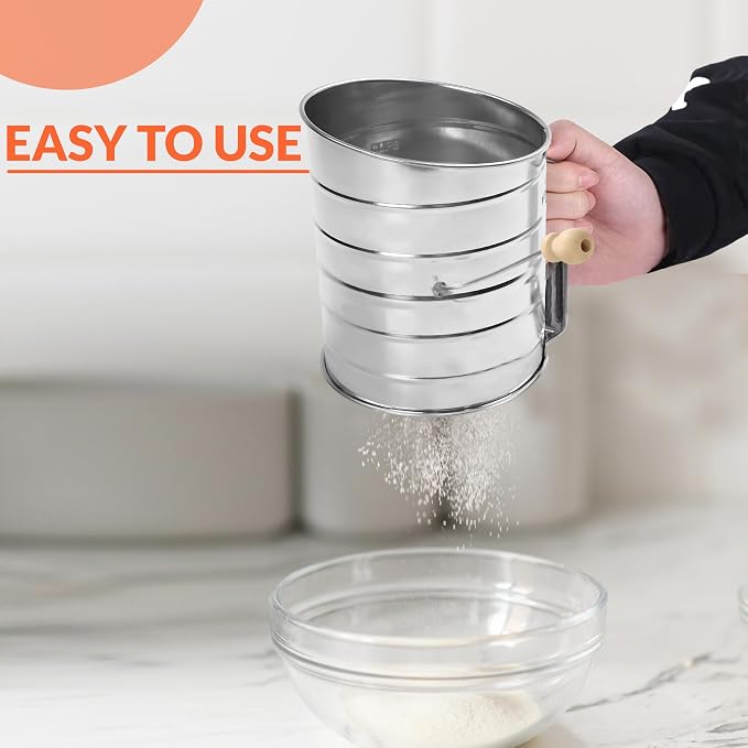 3 Cup Flour Sifter for Baking Fine Mesh Rotary Hand Crank with Loop Agitator for Quick Sifting, Flour Sifter Powered Sugar Stainless Steel 2 Wire Agitator