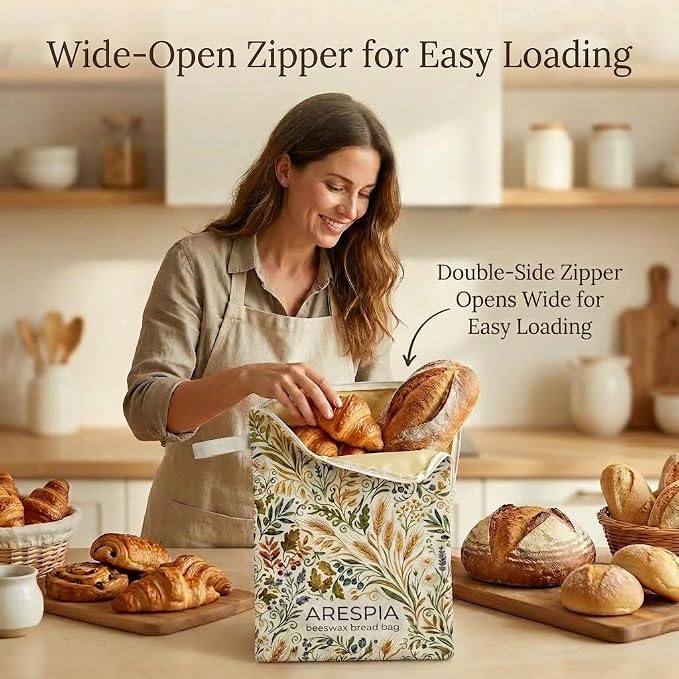 Beeswax Bread Bag with Zipper, Reusable Linen Cotton Bread Bags with Beeswax Lining, 13x17 inch for Homemade Sourdough, Keeps Bread Fresh for Storage (2, Colorful)
