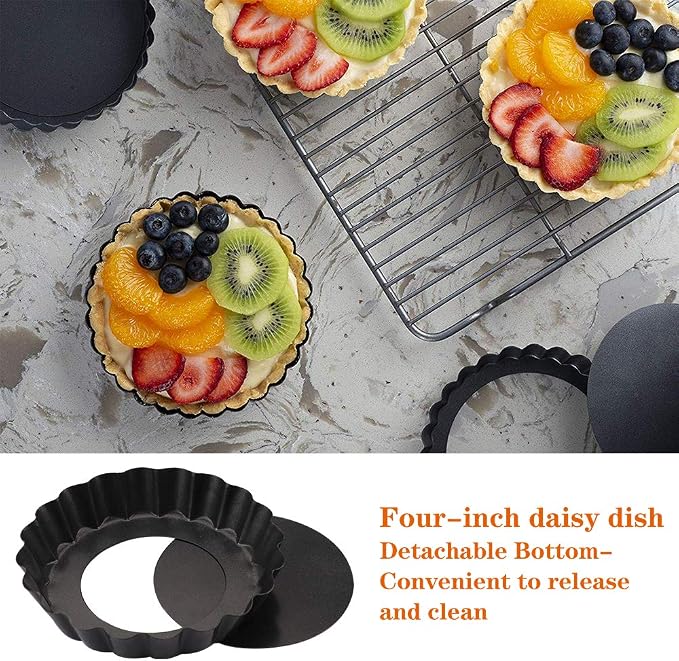 6 Pack Mini Tart Pans Non-Stick 4 Inch Quiche Pan with Removable Bottom Round, Heavy Duty Fluted Side Tart Pan for Pies, Mousse Cakes, Quiche Bakeware and Desserts