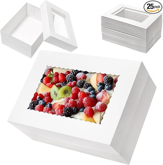 Mefleet 25pcs 14x10x6 Cake Boxes with Window Rectangle Quarter Sheet Bakery Boxes for Pastry Baking Cake, Cupcakes, Donuts, Cookies, Pie Treat Packaging White Large