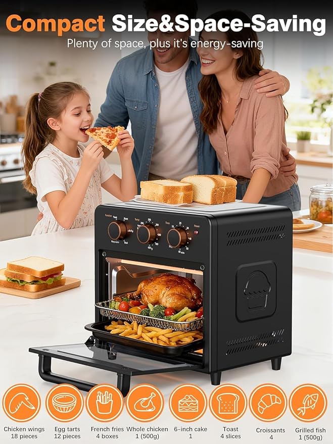 OUNIN Air Fryer Toaster Oven with Steam Infusion, 12 QT Compact Countertop Oven, 6-in-1 Stainless Steel Combo Bakes, Broils, Grills & Warms, Fast Preheat, 60-Minute Timer – Small Kitchen Friendly
