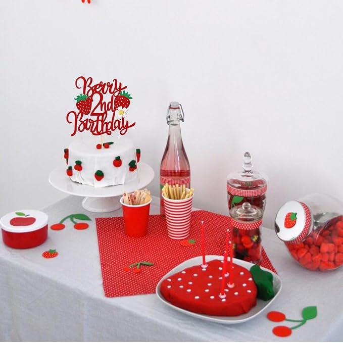 1 PCS Strawberry Berry 2nd Birthday Cake Topper Glitter Second Birthday Flower Strawberry Cake Pick for Sweet Fruit Theme Baby Shower Kids 2nd Birthday Party Cake Decorations Supplies