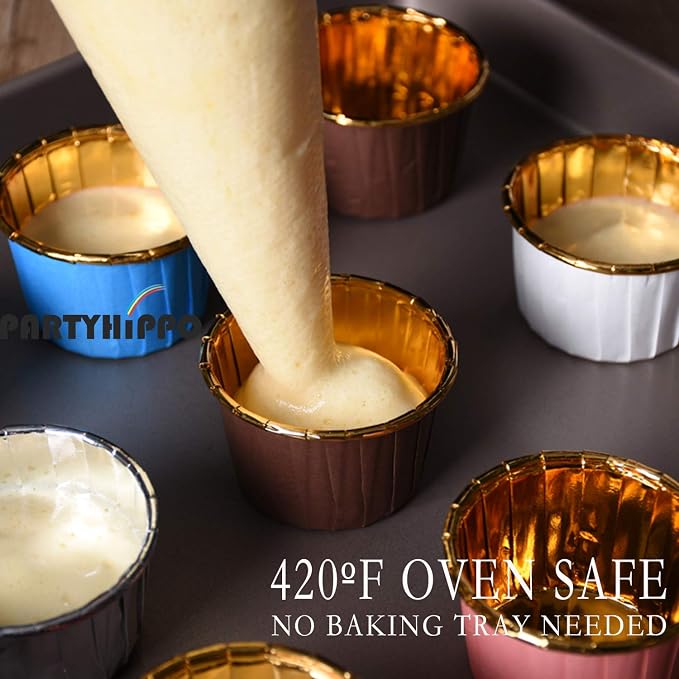 Party Hippo Cupcake Cups, 3.5 Oz 50 pcs Disposable Foil Muffin Liners, Gold Baking Cups, Ramekin Aluminum Cupcake Tip Pan Ramekin Holders, Little Baking Cups (50, Lids)