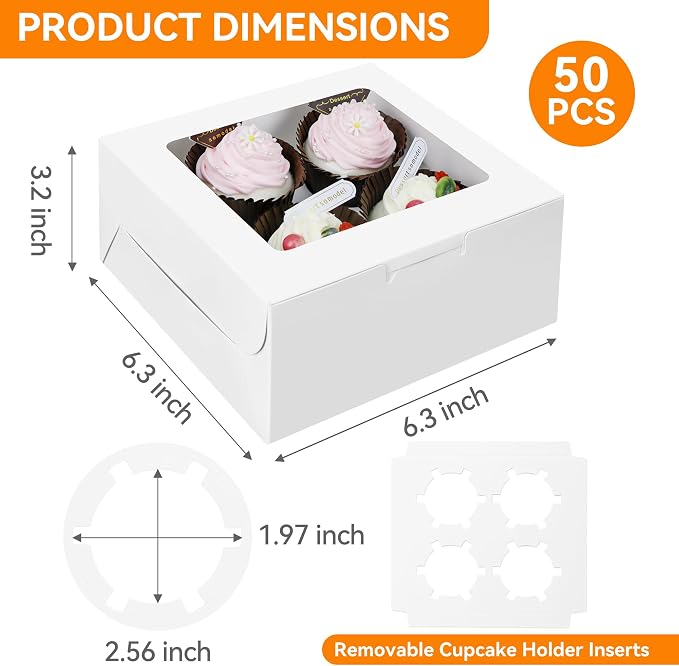50-Set Cupcake Boxes Bulk with Clear Display Window Hold 4 Standard Cupcakes, Disposable Food Grade White Cupcake Carrier Cupcake Container, Perfect for Cupcakes Muffins Cookies Pastries