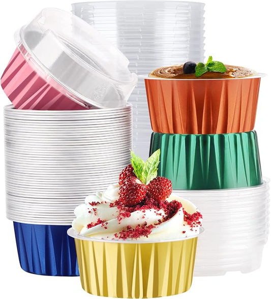 EUSOAR Assorted Colors Cupcake Liners, 50pcs 5oz 125ml Muffin Liners Cups with Lids, Creme Brulee Ramekins Oven Safe Disposable Foil Ramekins, Aluminum Foil Cupcake Baking Cups Cupcake Holder Pan