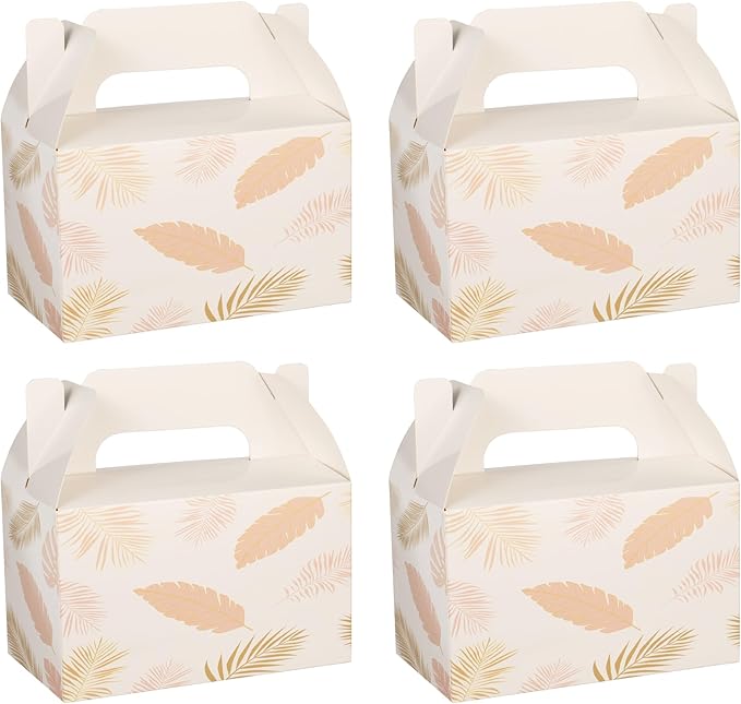 10 PCS Party Favor Treat Boxes, 6.5 x 4 x 4 Inches Gable Box with Handle, Goodie Boxes for Sweets, Candy, Cookie, Summer Picnic, Mother's Day, Outdoor Wedding, Baby Shower, Graduation, White Leaf
