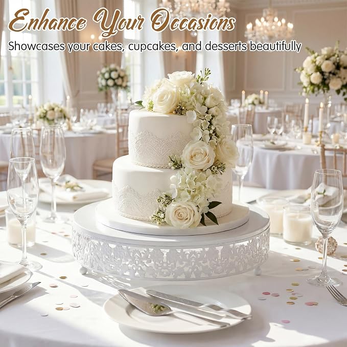 Wenqik 12 Inch White Cake Stand Set Metal Round Cupcake Dessert Stand with Cake Cutting, Flower Spatula Wedding Cupcake Pastry Display Candy Holder Display for Wedding Party Birthday Baby Shower