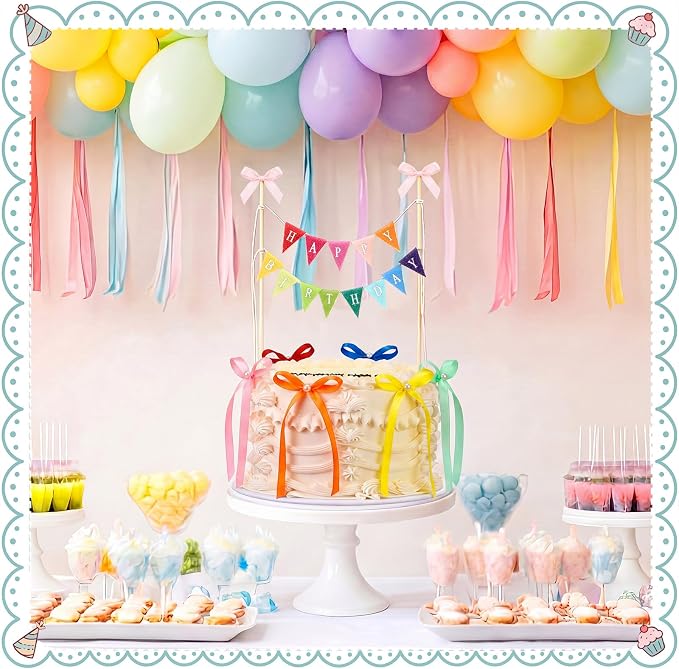 Honeydak Colorful 11 Pcs Bow Ribbon Cake Topper Happy Birthday Cake Bunting Topper with Wood Pole Handmade Pennant Flags with Bows Ribbon for Birthday, Bridal Party Decoration