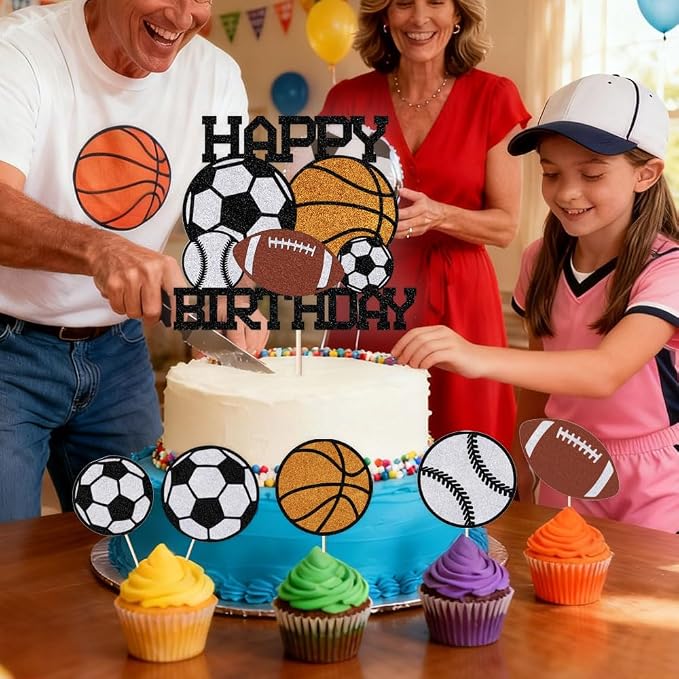 6pcs sports Happy Birthday Cake Topper， | Boys and Girls Sport Theme Party Decoration，for Ball Sports Themed Birthday Parties or Game Day Celebrations