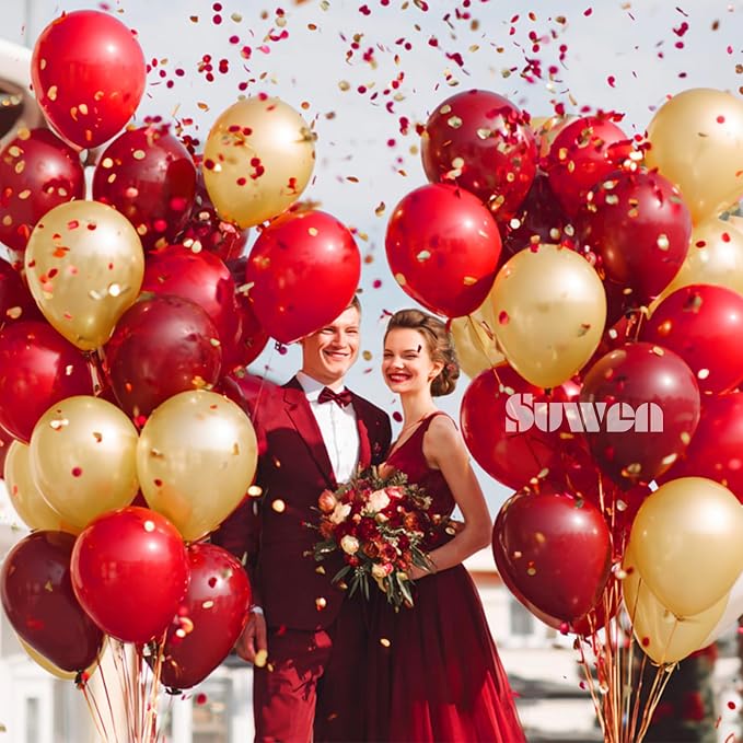 SUWEN Dark Red and Gold Balloons,60pcs 12 inch Red and Metallic Gold Balloons for Valentine's Day Wedding Birthday Engagements Anniversary Party Decorations