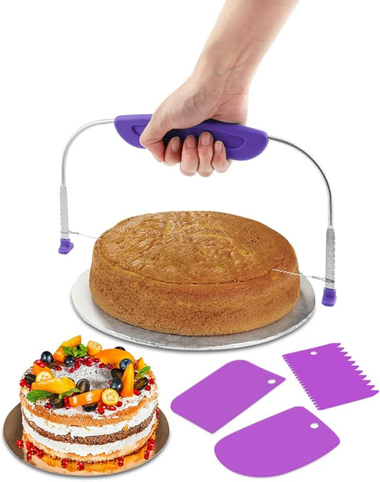 Adjustable Cake Leveler Cutter With 3PCS Cake Scrapers Set,Baking Supplies Tool for Kitchen,Large Size Cake-Cutter Slicer for Leveling,Single Stainless Steel Wire & Plastic Handle(COLOR:Purple)