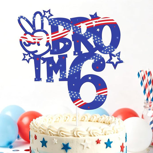 Bro I'm 6 Birthday Cake Toppers, Patriotic Cake Decorations for Boys Birthday Anniversary Party Decor Supplies