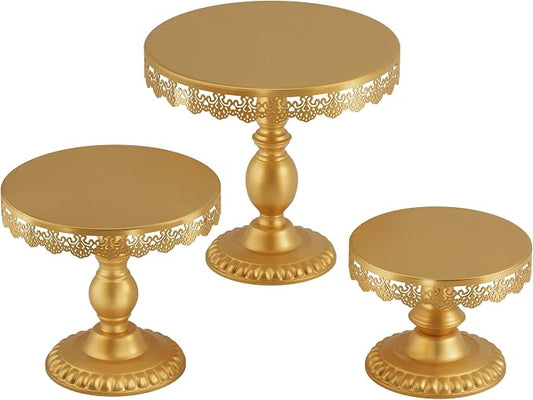 3 PCS Gold Cake Stands (8"&10"&12" Plate), Cupcake Stand With a lace hollow border Metal Cake Stand Set for Birthday Party, Wedding, Anniversary, Baby Shower
