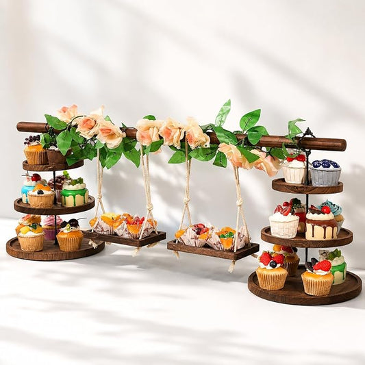 Large Wooden 3 Tier Cupcake Stand with Swing and Rose Decor, Dessert Table Display Set Removable Serving Tray Cupcake Tower Centerpiece for Tea Party Birthday Baby Shower Wedding