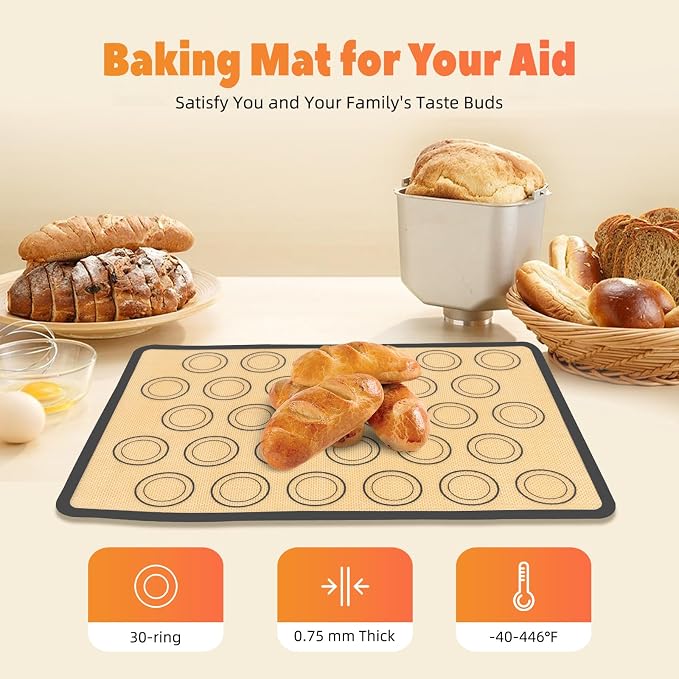 Silicone Baking Mat with 30 Macaron Template Circles, Nonstick Reusable Even Heating Oven Sheet, 16.5x11.6in Rectangle Mat for Home Bakery, Pastry & Milk Tea Shop