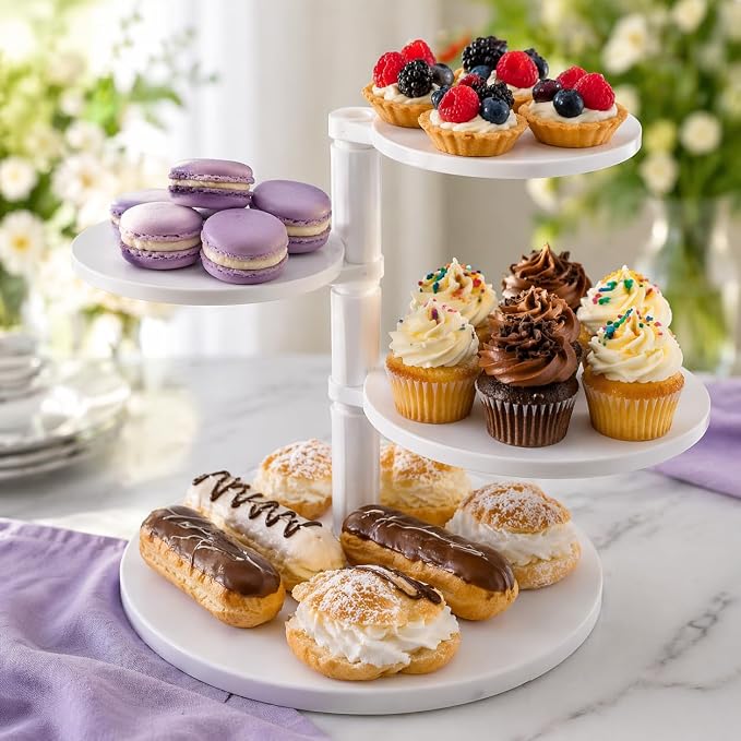 Oasis Supply 4-Tier Adjustable Cake Stand – White Plastic Dessert Display Stand, Tiered Cupcake Stand with Customizable Height for Cakes, Cupcakes, Weddings, Birthdays & Party Decorations