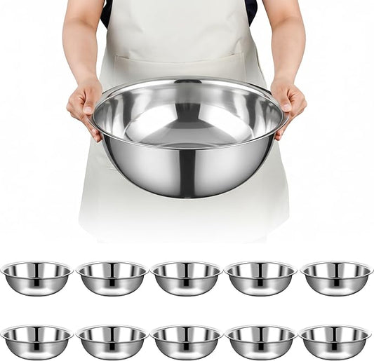 10 Pcs Stainless Steel Mixing Bowls Metal Mixing Bowls Extra Large Basin Salad Bowl with Deeper Edge, Dishwasher Safe, Mirror Finish for Home and Commercial, Silver (13 Inch 7 Qt)
