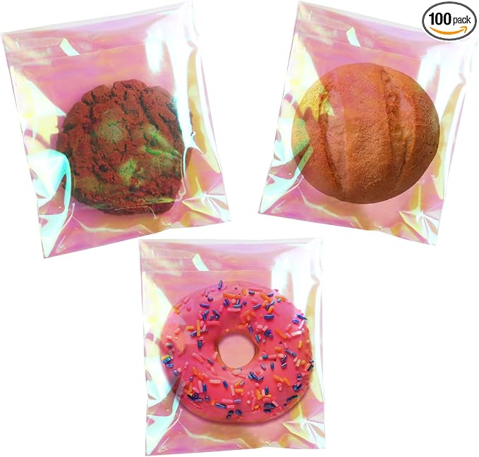 SUREHOME Cookie Bags with Seal 100 Pcs 5x6 In Iridescent Holographic Self Sealing Cellophane Treat Bags Pink Resealable Individual Cookie Bag for Gift Giving Valentine Candy Packaging Goodie Wrappers