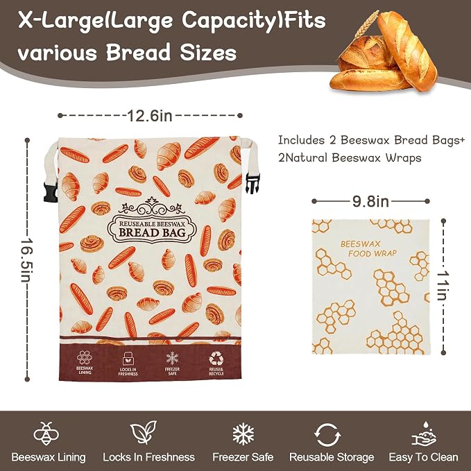 2 Pack Beeswax Bread Bags, Reusable Bread Bag for Homemade Sourdough Bread, 16.5 X 12.6 Inch Beeswax-Lined Linen Storage Bags With Zipper & 2pcs Beeswax Wraps for Food, Pastry, Baking Storage