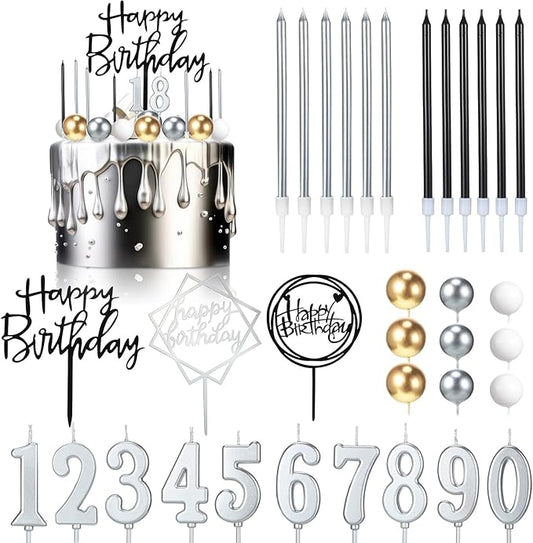 Yerliker 34 Pcs Happy Birthday Cake Toppers Decorations Birthday Candles DIY Cake Decor for Men Women Wedding Anniversary(Gold Silver White)