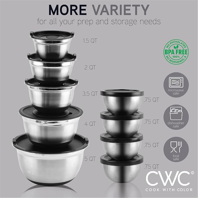 COOK WITH COLOR Stainless Steel Mixing Bowls Set with Lids - Nesting Bowls with Non-Slip Bottom, Silver, 22 Pieces