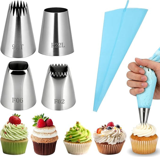 5 PCS Large Piping Tips Set, Stainless Steel Frosting Tip with Reusable Pastry Bag Silver Pastry Cake Decorating Tip Cake Decorating Set Frosting Icing Tips for Jumbo Eclair Churro Meringue